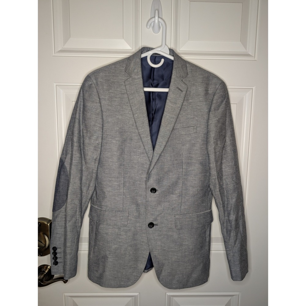 Bar III Mens Slim Fit Blazer 36R Gray Cotton Linen Elbow Patches Sport Coat
